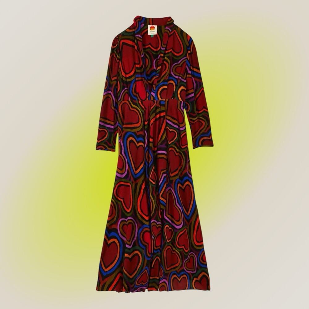 Farm Rio Rainbow Wild Hearts Maxi Dress Womens XS 0 2 Long Sleeve Red - Picture 11 of 16